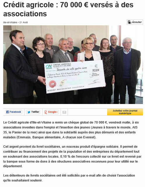 article Ouest-France à propos du chèque de 13141.00 € remis à l'association La Cordée Bretonne