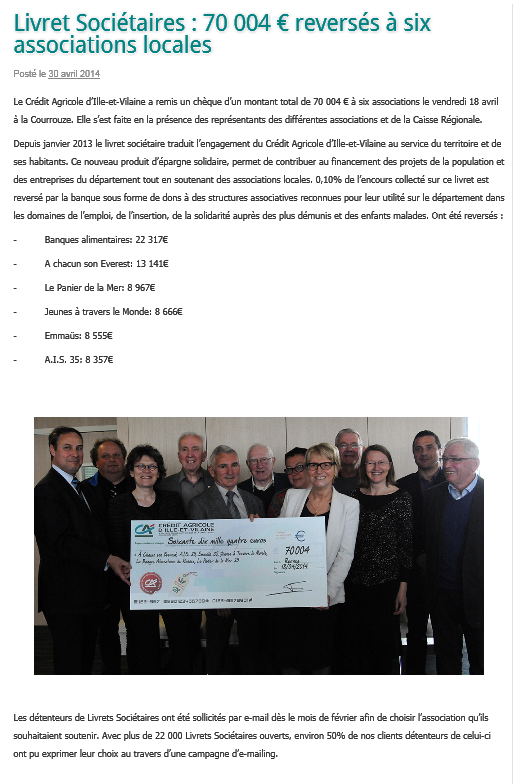 article à propos de la remise du chèque de 13141 € à l'association La Cordée Bretonne