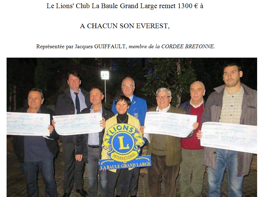 Le Lion's Club de La Baule Grand Large remet un chèque de 1300€ à A chacun son everest